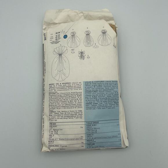 Vogue Vintage Pattern Bridal Veils Headpiece #9822 1987 Sewing - Picture 2 of 2